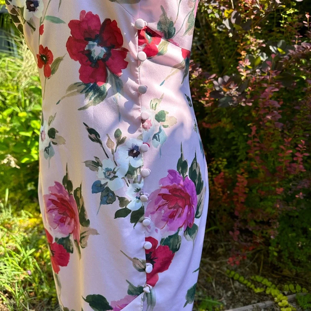 Adrianna Papell Pink Multi-Color V-Neck Flor Mermaid Hem Dress Size 10 - Picture 3 of 12